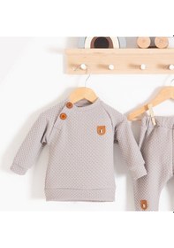 Resim 3-18 Ay Erkek Bebek Takımı Jakarlı Omuz Düğmeli 2'li Gri Gri 