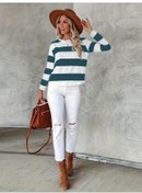 Resim Lacivert Büyük Beden Günlük Tişört, Kadın Büyük Blok Renk Çizgili Baskı Uzun Kollu Yuvarlak Yaka Hafif Streç Tişört Lacivert 