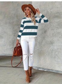 Resim Lacivert Büyük Beden Günlük Tişört, Kadın Büyük Blok Renk Çizgili Baskı Uzun Kollu Yuvarlak Yaka Hafif Streç Tişört Lacivert 