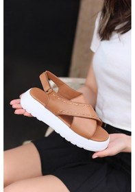 Resim Hakiki Deri Kalın Bantlı Topuk Detaylı Platform Topuklu Ortopedik Tasarım Kadın Sandalet Terlik Kahverengi 