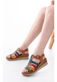 Resim 731-204 Multi Hakiki Deri Dolgu Topuklu Günlük Kadın Sandalet Multi 