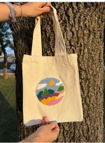 Resim Bolergıashop Montado Tasarım Canvas Omuz Çantası Bej - Beyaz - Mavi Punch İşleme - 