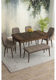 Resim Meri Serisi 80x132 Açılabilir Mdf Barok Ahşap Desen Masa Takımı 4 Gri Sandalye 1 Bench Cappucino 