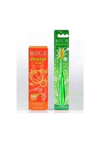 Resim Rocs Junior 6-12 Meyveli Gökkuşağı Diş Macunu 60 ML + Diş Fırçası Seti Yeşil 