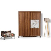 Resim Pasifichome Huga Sürgülü Gardırop Ceviz 150Cm / 2 Kapaklı Çekmeceli Dolap 