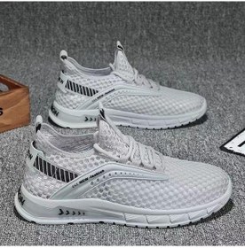 Resim Gri Örgü Ayakkabı Erkek Ayakkabıları Yaz Delikli Örgü Koşu Ayakkabıları Moda Çok Yönlü Rahat Ayakkabılar Düşük Üst Nefes Alan Spor Ayakkabı Gri 