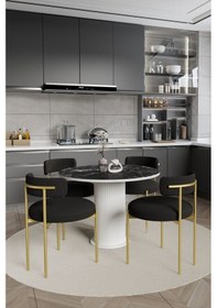 Resim Avvio Lorea Ptt Lake Mdf Ayak 4'lü Teddy Sandalye 90x90 Masa Sandalye Takımı Sandalye Bukle Kumaş Siyah Mermer 