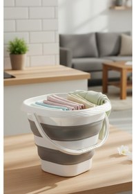 Resim Snippy Accord - Kare Silikon Katlanabilir Çamaşır Sepeti - Akordiyon Katlanır Sepet Kirli Sepeti Kare 10 Lt Beyaz - Gri 