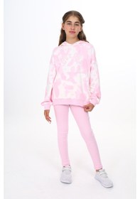 Resim Toontoy Kids Toontoy Kız Çocuk 2'li Takım Baskılı Kapüşonlu Düşük Omuz Cepli Sweatshirt & Basic Düz Tayt Pembe 