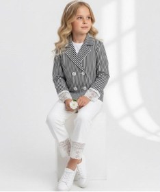 Resim Zekids Kız Çocuk Lacivert Çizgili Kruvaze Dantel Detaylı Ceket-17155 Çok Renkli 