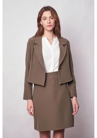 Resim Kadın Çizgili Yakalı Uzun Kol Hafif Likralı Kumaş Kısa Blazer Ceket-haki Çizgi Haki Çzg. 