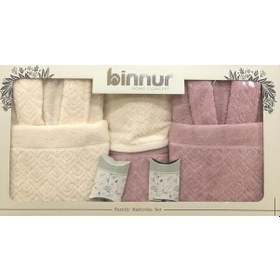 Resim Royam Binnur Kısmı Kadife %100 Pamuklu 8 Parça Aile Bornoz Seti Pudra 