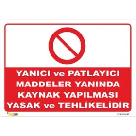 Resim Vizyon Trafik Yanıcı ve Patlayıcı Maddeler Yanında Kaynak Yapılması Yasak ve Tehlikelidir Levhası 
