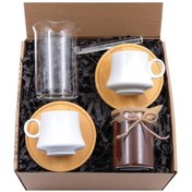 Resim Bambulu Beyaz Fincan Takımı & Cam Cezve & Bambu Kapaklı Kavanoz & 