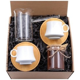 Resim Bambulu Beyaz Fincan Takımı & Cam Cezve & Bambu Kapaklı Kavanoz & 