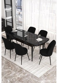 Resim Canisa Kor Serisi, Siyah Mermer Desen 70x114 Açılabilir Yemek Masası Takımı, 6 Sandalye Masa Siyah Mermer Desen Sandalye Siyah 