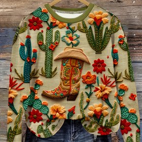 Resim Kovboy Çizmeleri ve Şapka Desenli Kapüşonlu Sweatshirt, Sonbahar ve Kış İçin Batı Tarzı Uzun Kollu Yuvarlak Yaka Sweatshirt, Kadın Giyim 
