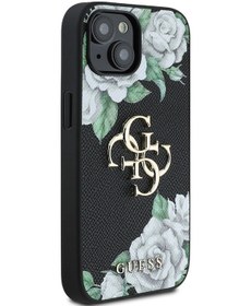 Resim İphone Uyumlu 15 Kılıf Guess Lisanslı Gül Baskılı Büyük Metal Logo Dizaynlı Kapak Siyah 