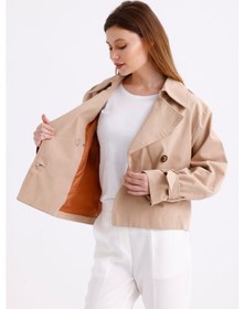 Resim Pastelastore %100 Pamuk Gabardin Astarlı Oversize Geniş Kalıp Kadın Crop Kısa Trençkot 1122 Açık Bej 