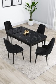 Resim Canisa Kar Serisi Siyah Mermer Desenli 80x132 Açılabilir Mdf Mutfak Masası Takımı 4 Siyah Sandalye 