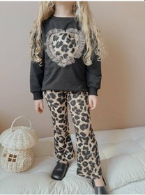 Resim Miniko Kids Kız Çocuk Kalp Modelli Tül Detaylı Leopar İspanyol Paça Taytlı Takım Siyah 