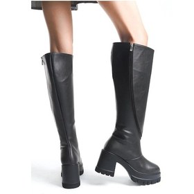 Resim Kadın Carina Siyah Cilt Döner Fermuarlı 8 Cm Platform Topuklu Diz Altı Çizme Siyah 
