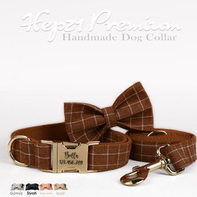 Resim Dog Collar Named Brown Grid Collar 276676 - Leash + Bow Tie + Leash Rope / XL 
