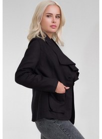 Resim Kadın Pamuk Likralı Düğmeli Yaka Valonlu Cepli Ceket Siyah 