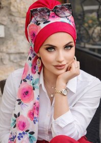 Resim Aişe tesettür Fuşya Çiçek Desen Fularlı Bone 