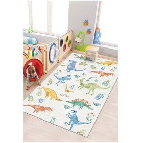 Resim West Home Makinede Yıkanabilir Kaymaz Taban Leke Tutmaz Dinazor Temalı Bebek Ve Çocuk Halısı Oyun Matı Wh 567 Beige Bej 