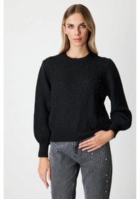 Resim On Fashion Kadın İncili Baklava Desenli Siyah Kazak 63316 Siyah 