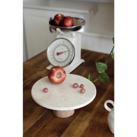 Resim Akayev Traverten 28 cm Ahşap Konik Ayaklı Yuvarlak Sunumluk 