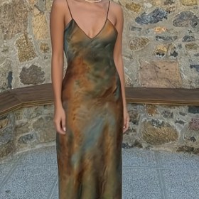 Resim Kadınlar için V Yaka, Uzun Akışlı Sırtı Açık Elit Renk Bloklu Kayma Elbisesi - Bahar/Yaz Etkinlikleri, Rahat Formal Attire, Rahat Attire|V Yaka Elbise|Sırtı Açık Tasarım 