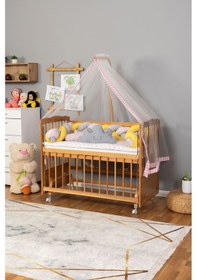 Resim Ahşap Beşik Anne Yanı Beşik Vernikli 60x120 - Pembe Sarı Örgü Uyku Seti Seti + Yatak + Tekerlekli Ahşap 