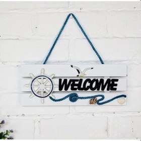 Resim Bilgehanelektronik 24 X 11 Cm Ahşap Akdeniz Model Welcome Kapı Süsü Mavi - Beyaz 