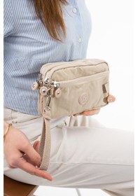 Resim Nemo Bags Krem Unisex Cüzdan, 4 Gözlü, Telefonluk, Crinkle Kumaş, Çapraz Askılı Omuz Çantası, 20x12cm Bej - Krem 