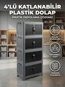 Resim Ceritoğlu 4 Lü Katlanabilir Çok Amaçlı Plastik Dolap-kapaklı-dekoratif Ve Şık Görünüm Koyu Gri 