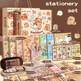 Resim Capybara-Themed Stationery Gift Set, bir not defteri, bir bookmark ve aksesuarlar içeren premium yazma aracı kombinasyonu, çalışma, mezunluk, günlükler ve doğum günü hediyeleri, banket hediyeleri ve parti hediyeleri için uygun, kağıt malzemesi. 