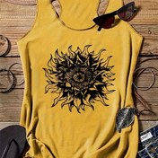 Resim Kadınlar için Günlük Kolsuz Yuvarlak Yaka Tank Top - Canlı Sarı Geometrik Ayne & Alev Baskılı, Hafif Yazlık Makinede Yıkanabilir Üst Plaj, Piknikler ve Günlük Çıkışlar İçin, Şeffaf Olmayan Kumaş, Sıcak Hava Giyimi, Kolay Bakım, Dış Mekan Giysisi 