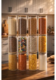Resim Porsima 3-4 Bambu Vakumlu Kapaklı Yuvarlak Cam 12li Kavanoz Seti Saklama Kabı 1650ml 10x25cm 