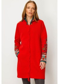 Resim Kadın Kapüşonlu Kilim Jakarlı Püsküllü Yün Kaban Mercan Mercan 