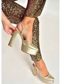 Resim Fox Shoes Y246195107 Altın Yılan Baskı Platform Kalın Topuklu Kadın Abiye Ayakkabı Altın 