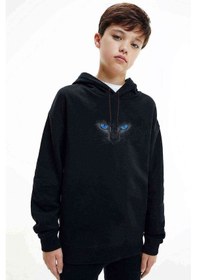 Resim Cat Eyes Blue Kedi Baskılı Unisex Çocuk Kapüşonlu Siyah Sweat Siyah 