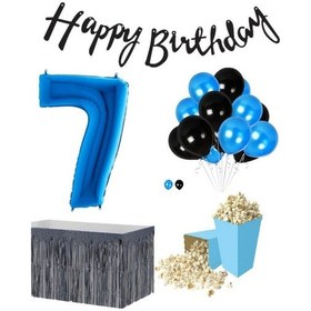 Resim 7 Yaş Mavi-siyah Balon Rakam Folyo Banner Mısır Kutusu Masa Eteği 