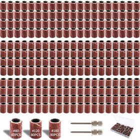 Resim 242 adet Zımpara Tambur Kiti - 240 Adet Tırnak Zımpara Tambur Kılıfları 80 120 180 Tane Zımpara Bantları Mini Tambur Zımpara Kılıfları 3mm Shank Tambur Zımpara Mandrelleri İçin Matkap Köpek Tırnak Öğütücüye Uyar Döner Araçlar 