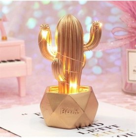 Resim Büro Ev Ofis Yazlık Hediyesi İçin Dekor Golden Kaktüs Biblo Led Işıklı Masaüstü Gece Lambası Diğer 