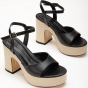 Resim Hasır Kaplama Taban Baretli Cilt Siyah Kadın Platform Topuk Ayakkabı-2919-siyah Siyah 
