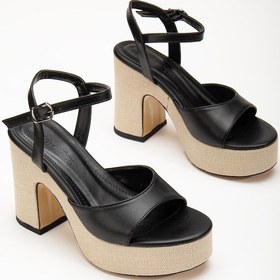 Resim Hasır Kaplama Taban Baretli Cilt Siyah Kadın Platform Topuk Ayakkabı-2919-siyah Siyah 