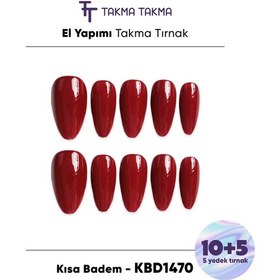 Resim 15'li Bordo Kısa Badem Kbd1470 - Tekrar Kullanılabilir El Yapımı Protez Takma Tırnak Xs 