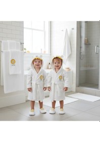 Resim Kız Erkek %100 Organik Pamuk Aslanlı Bebek Bornoz Takımı 4 Parça Kutulu Lüks Havlu Hediye Seti Ekru - Ekru 